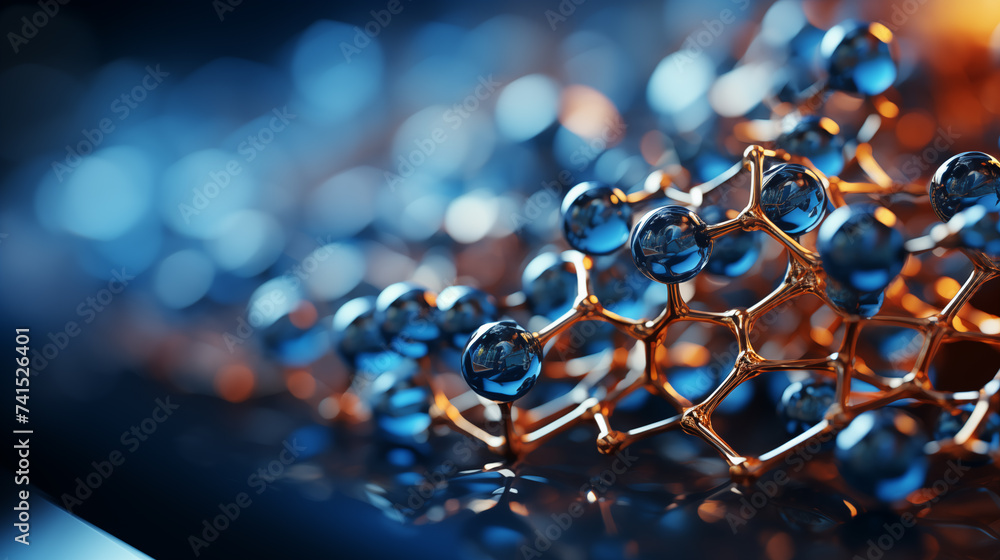 Blurred background. Molecular structure in microscope. Medical research concept. Selective focus. Copy space. - obrazy, fototapety, plakaty 
