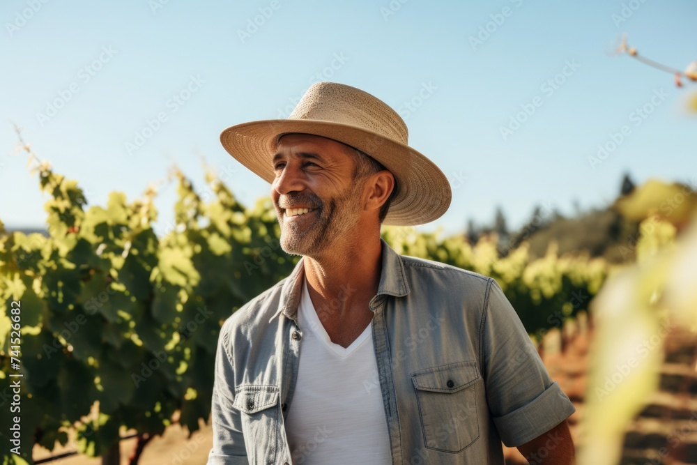 Handsome mature man in hat standing in vineyard and smiling