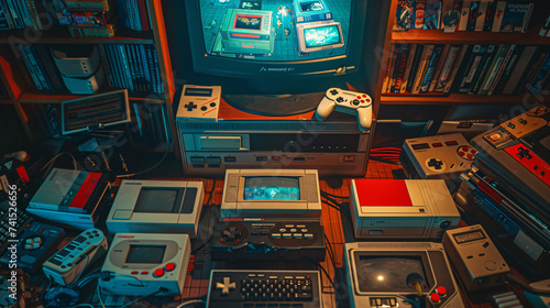 Nostalgic retro gaming setup with classic consoles, cartridges, and a vintage CRT TV photo