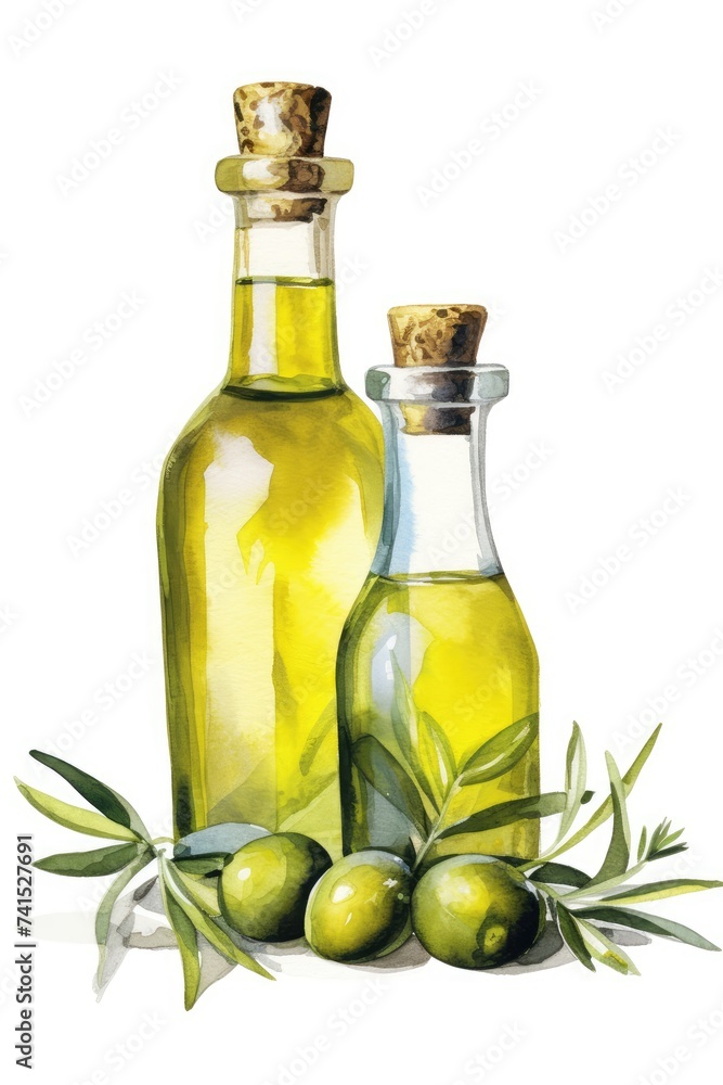 Hand-Drawn Illustration of a Glass Olive Oil Bottle With Fresh Leaves Hand-Drawn Illustration of a Glass Olive Oil Bottle With Fresh Leaves