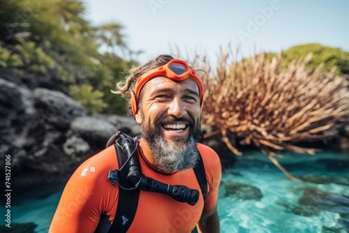 Portrait of happy senior man in orange scuba diving suit with mask and snorkel looking at camera. © Nerea