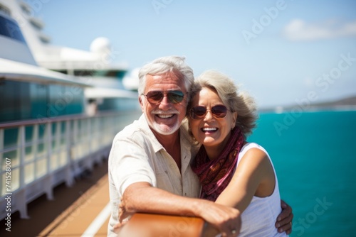 A happy couple of retirees enjoying a cruise vacation. Portrait of pensioners, people on vacation, retirees. © molokot