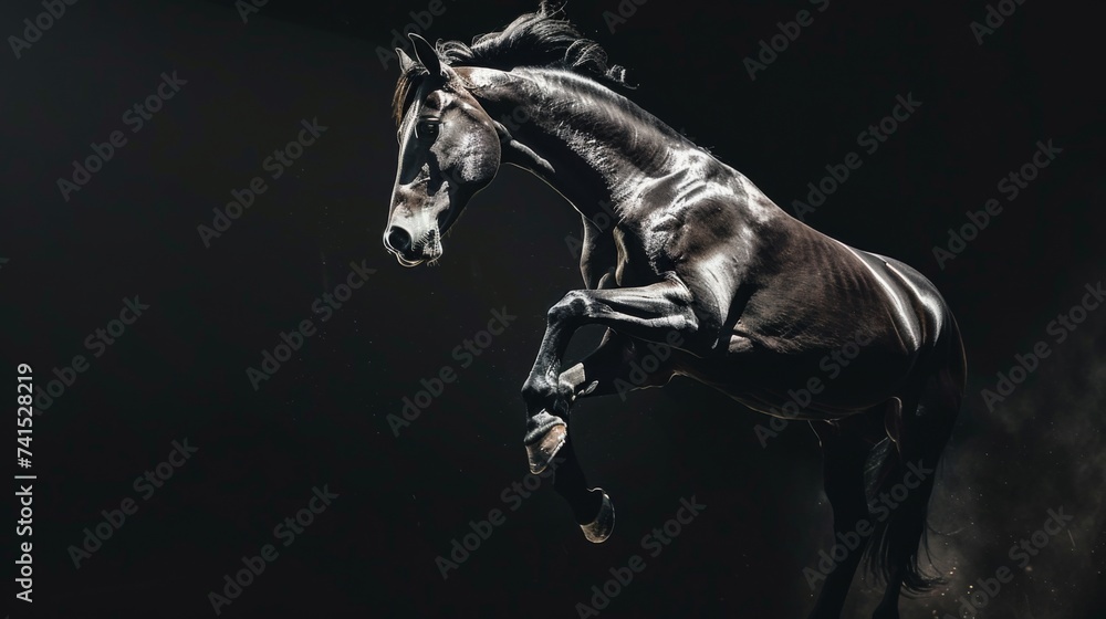 Horse jump on a black background. Flying animal. Horse jump on a black background. Flying animal.