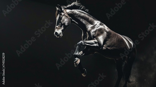 Horse jump on a black background. Flying animal.