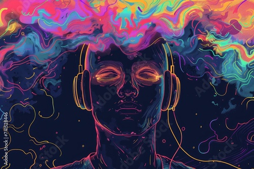 Immerse in mental health concept: Person in headphones, auditory hallucinations. Psychedelic dreams on black background. 