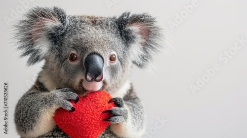 cute happy koala holding a stuffed heart shape isolated on white background. ai generated