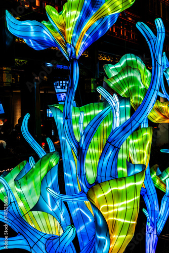 Beautiful blue and green marine life lanterns glowing in lantern exhibition at night,to celebrate Chinese Lantern Festival in Chenghuangmiao,meaning City God's Temple,Shanghai,China photo