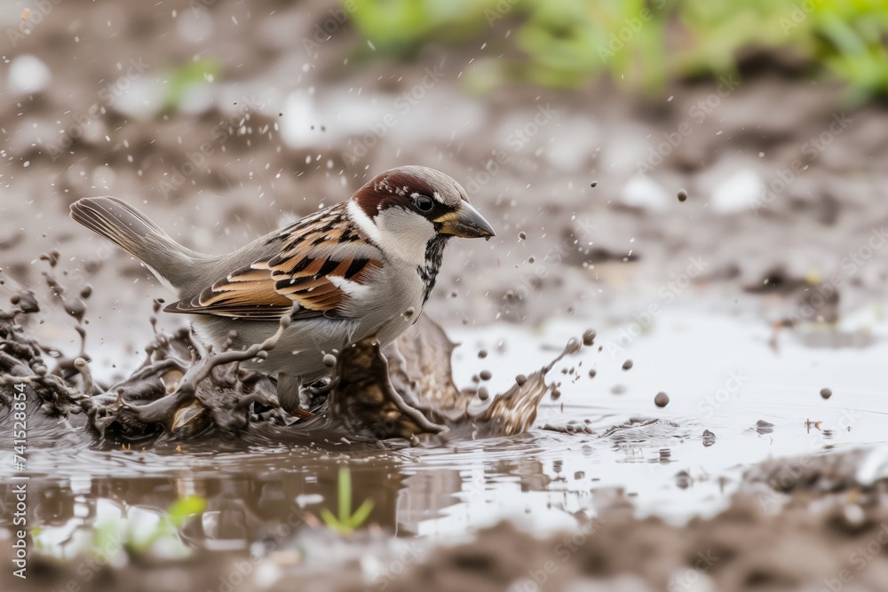 sparrow splashing in a shallow muddy puddle