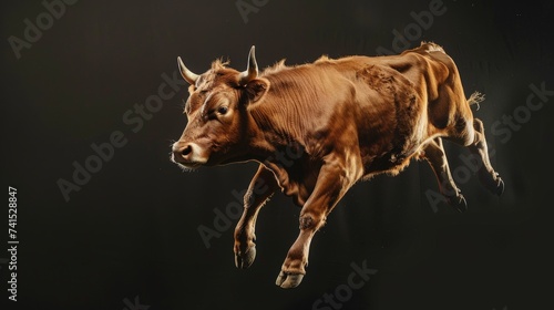 Cow jump on a black background. Flying animal.