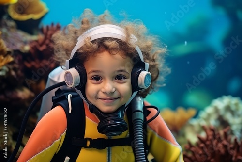 Cute little boy wearing scuba diving suit with underwater world background © Nerea