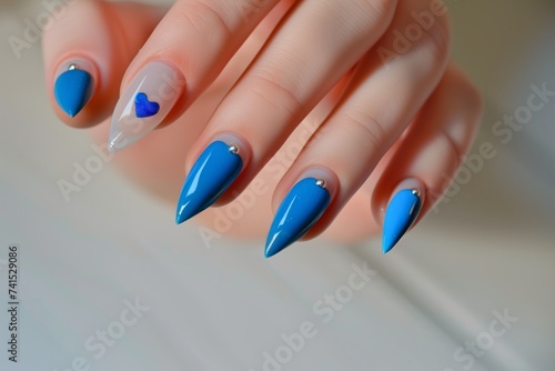 womans hand with blue heartshaped nail art on fingertips