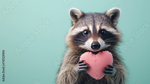 cute happy racoon holding a stuffed heart shape isolated on blue background. ai generated