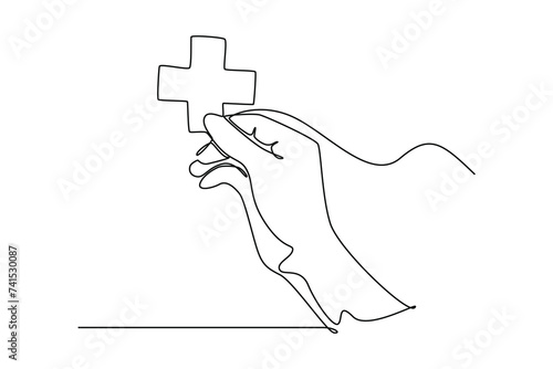 Single one line drawing hand holding health icon logo. Continuous line draw design vector