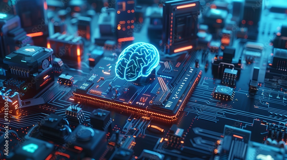 Brain on circuit board, Abstract glowing colorful digital brain, AI and technology concept, blue neural connection lines and glowing dots Brain on circuit board, Abstract glowing colorful digital brain, AI and technology concept, blue neural connection lines and glowing dots