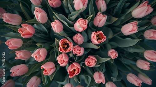 bunch Pink tulips Top view