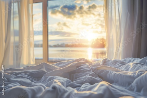 A cozy bedroom awaits with warm linens and a view of the sun setting through the window, beckoning for a peaceful night's sleep © Milos