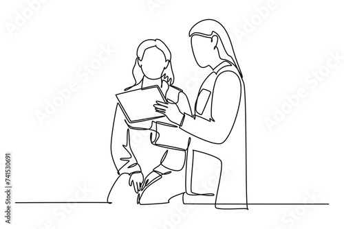 Single one line drawing a doctor explains a patient's health condition. physical therapy rehabilitation concept. Continuous line draw design vector