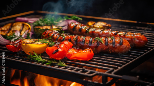 Grilled sausages with vegetables and spices on the grill.