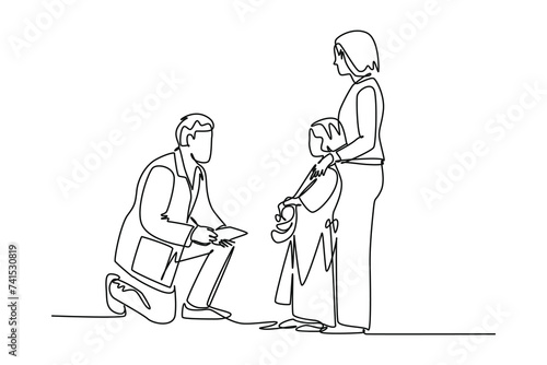 Single one line drawing The doctor is persuading a young patient to find out his physical condition. physical therapy rehabilitation concept. Continuous line draw design vector photo