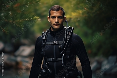 Portrait of a young man in scuba diving suit standing in the forest © Nerea