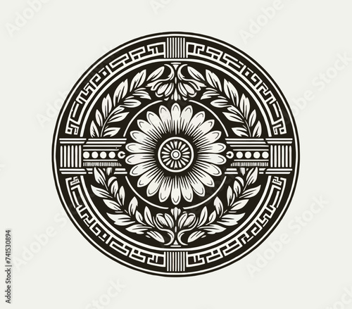 Vintage Classic Floral Roman and Greek Line Drawing Style Logo Design, T-shirt and Streetwear