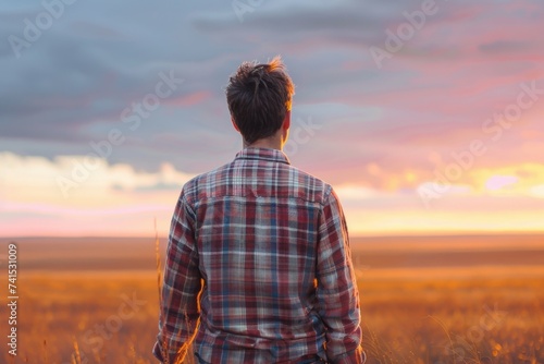 As the sun sets on the horizon, a solitary man stands amidst the golden grass of the field, his shirt billowing in the breeze as he gazes up at the ever-changing sky above photo