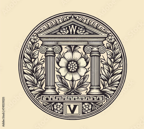 Vintage Classic Floral Roman and Greek Line Drawing Style Logo Design, T-shirt and Streetwear