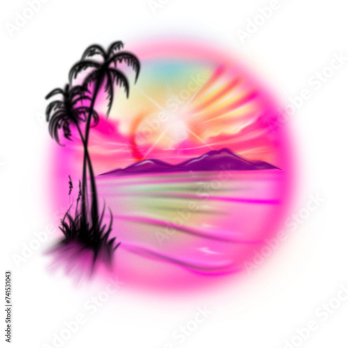 airbrush vintage tropical palm paradise beach island scene with purplish sky on sunset and calm wave for surfing, you can add text for your header or footer design or background poster