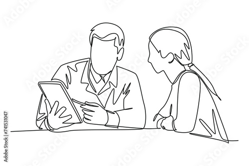 Single one line drawing a doctor is explaining his patient's health condition directly. Continuous line draw design vector