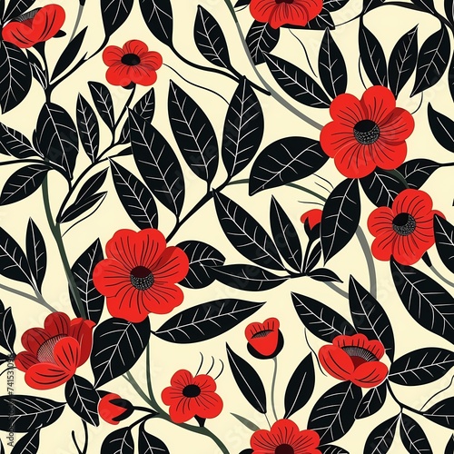 Red and Black endless floral pattern with creamy white background in 1920s style. Created with AI.