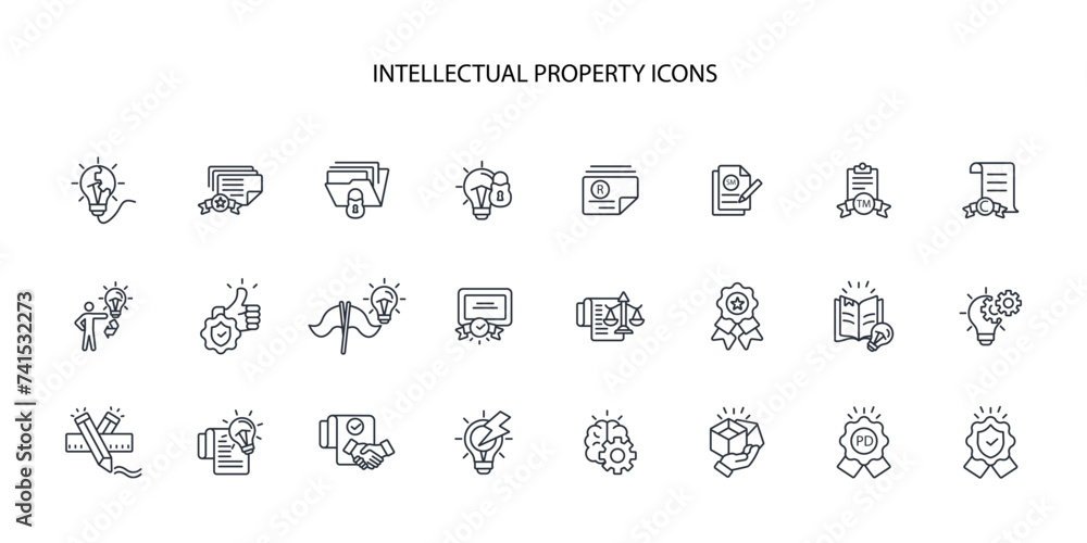 Intellectual property icon set.vector.Editable stroke.linear style sign for use web design,logo.Symbol illustration. Intellectual property icon set.vector.Editable stroke.linear style sign for use web design,logo.Symbol illustration.
