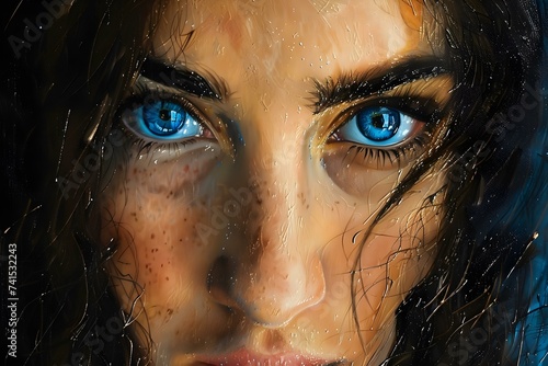 Womans portrait showcasing her striking blue eyes and dark hair. Concept Blue Eyes, Dark Hair, Beauty Photography, Portrait, Striking Features photo