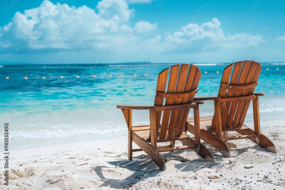 Amidst the peaceful sounds of the crashing waves and warm sun rays, two wooden chairs sit on the sandy beach, inviting us to sit and take in the breathtaking view of the ocean and sky