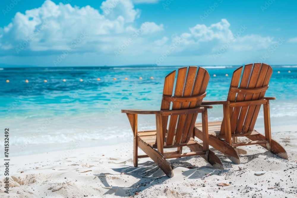 Amidst the peaceful sounds of the crashing waves and warm sun rays, two wooden chairs sit on the sandy beach, inviting us to sit and take in the breathtaking view of the ocean and sky Amidst the peaceful sounds of the crashing waves and warm sun rays, two wooden chairs sit on the sandy beach, inviting us to sit and take in the breathtaking view of the ocean and sky