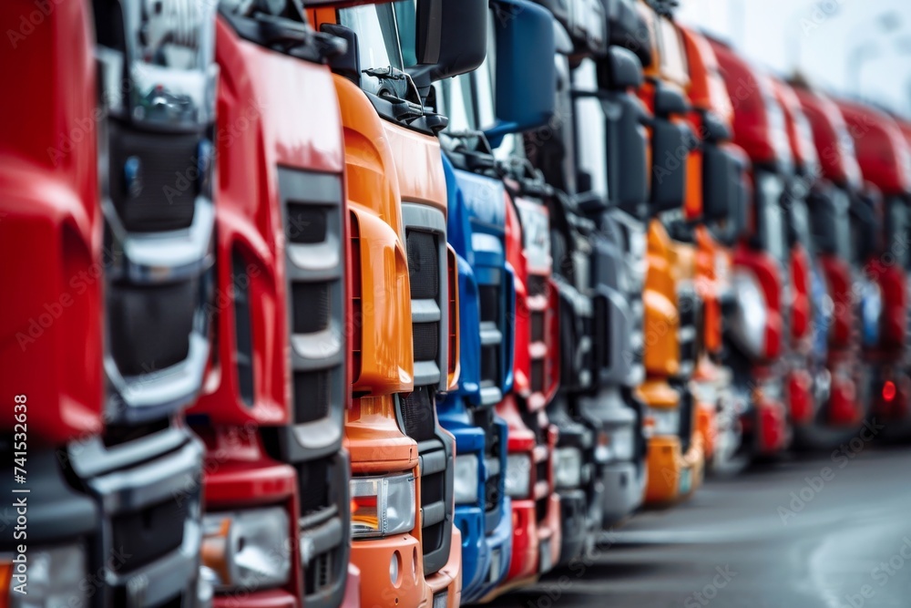 A vibrant row of massive red semi trucks parked in perfect formation, evoking a sense of powerful land transportation and the hustle of the open road A vibrant row of massive red semi trucks parked in perfect formation, evoking a sense of powerful land transportation and the hustle of the open road
