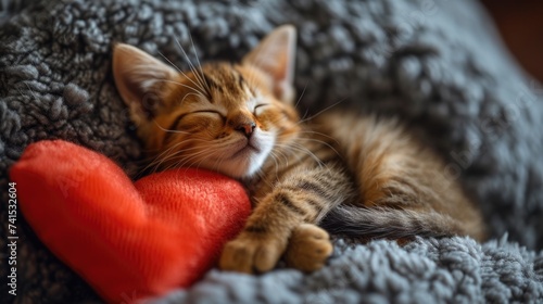 Kitten sleeping on the heart-shaped pillow, top view, close up. ai generated