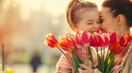 little daughter presenting tulips to young mum at home showing family care love to mommy