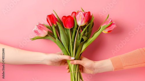 hand holding beautiful fresh pink and yellow tulips bouquet on light pink background.