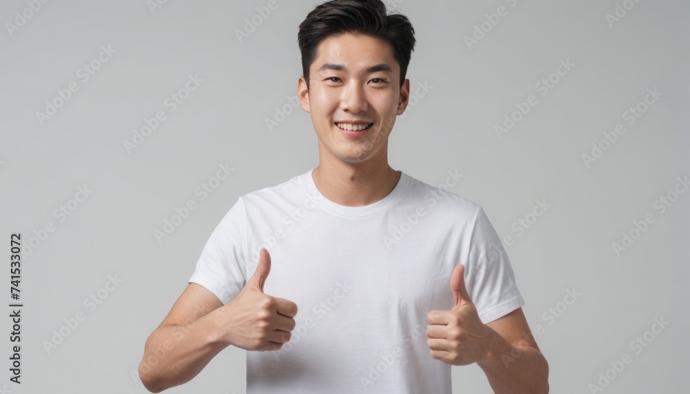 A cheerful young man in a white T-shirt giving two thumbs up, smiling at the camera. Studio shot with a grey background.