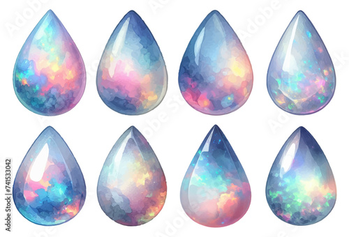 Teardrop-shaped opal rhinestone watercolor illustration material set
