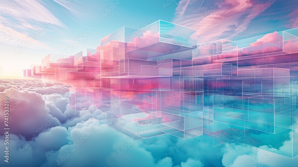 Abstract visualization of cloud computing layers, highlighting services like Abstract visualization of cloud computing layers, highlighting services like