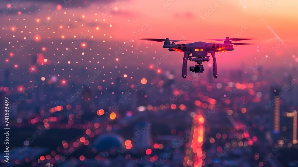 A drone captures the essence of the city at twilight, its camera focused against a backdrop of sparkling city lights creating a bokeh effect. A drone captures the essence of the city at twilight, its camera focused against a backdrop of sparkling city lights creating a bokeh effect.