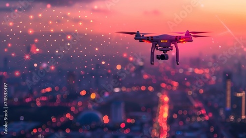 A drone captures the essence of the city at twilight, its camera focused against a backdrop of sparkling city lights creating a bokeh effect. photo