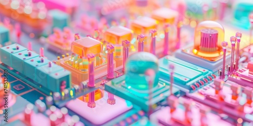 The process of manufacturing microchips. Microchip in trendy candy pastel tones, illustration of conceptual modern technology. photo