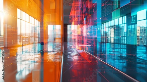 A corporate lobby with a futuristic blue and orange hologram interface, reflecting on the glossy floor, evoking high-tech ambiance and innovation.