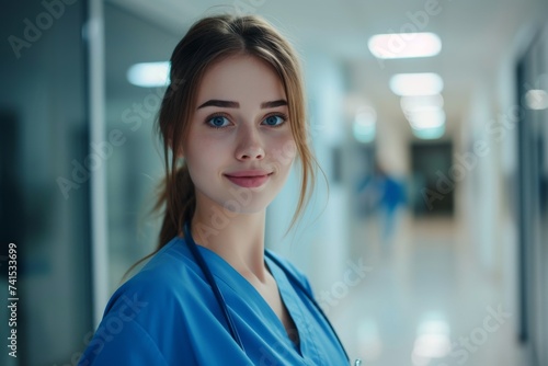 A radiant lady in blue scrubs exudes confidence and warmth as she poses against a wall, her smile highlighting her perfectly arched eyebrows and long hair, creating a captivating portrait that captur photo