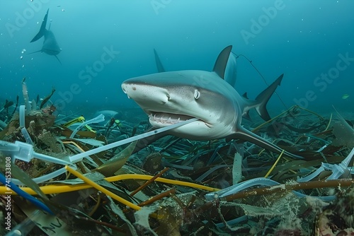 Protected Marine Species Shark and Sea Lion in Polluted Ocean photo