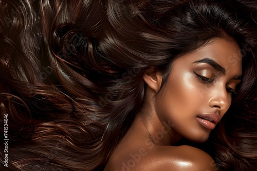Attractive South Asian female showcasing luxurious glossy hair in portrait setting. Concept Beauty Portrait, Luxurious Hair, South Asian, Female Model, Glamorous Photoshoot