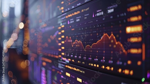 A financial statistics monitoring interface with dynamic charts and data analysis  set against a backdrop of urban bokeh lights.