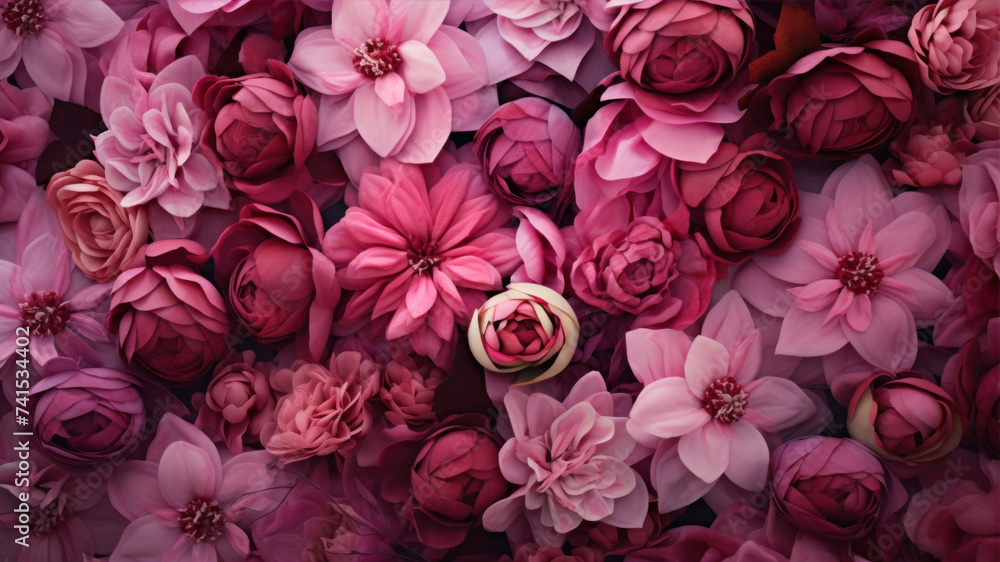 Beautiful pink and red flowers background, top view, copy space